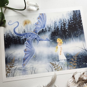 Fantasy Art Print Greeting the Lady of the Lake dragon art. watercolor art. whimsical art. illustration. image 2