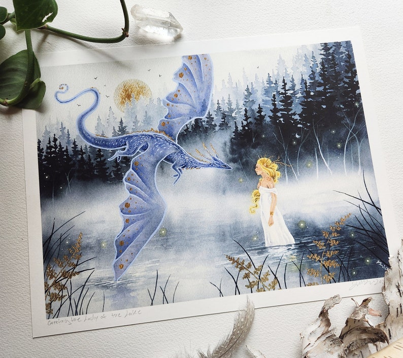 Fantasy Art Print Greeting the Lady of the Lake dragon art. watercolor art. whimsical art. illustration. image 2