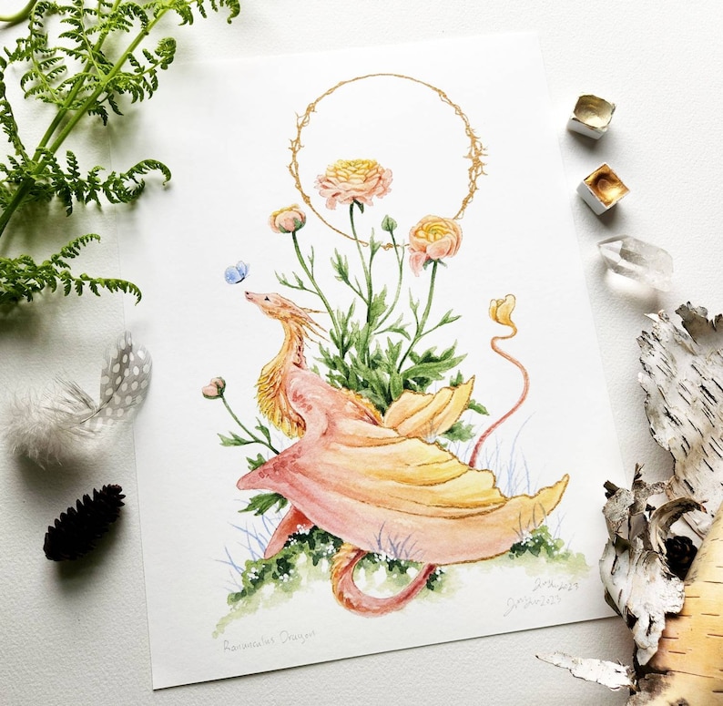 Dragon Ranunculus Ranunculus Dragon Watercolor Art Print – Whimsical Fantasy Illustration ...