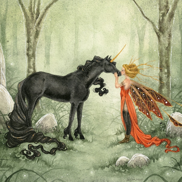 Fantasy Art Watercolor Print - Kiss Me - fairy. unicorn. forest. illustration. enchanted. wild.