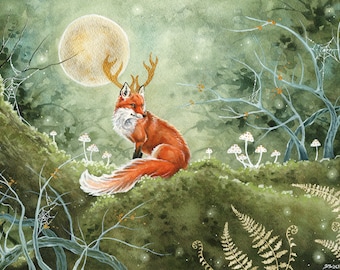 Fox Art Watercolor Print - Lord of the Wilds - 16x20 - fantasy art. whimsical. magical. illustration. woodland.
