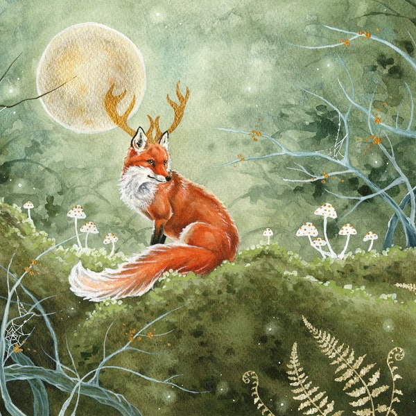 Fox Art Watercolor Print - Lord of the Wilds - fantasy art. whimsical. magical. illustration. woodland.