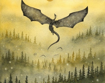 Fantasy Art Watercolor Print - Night Rises - dragon. wild. forest. fantastical. magical. nature.