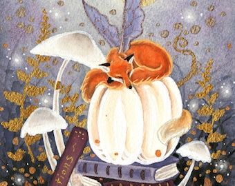 Fox Art Watercolor Print - A Bushy Tailed Familiar - fantasy art. whimsical art.