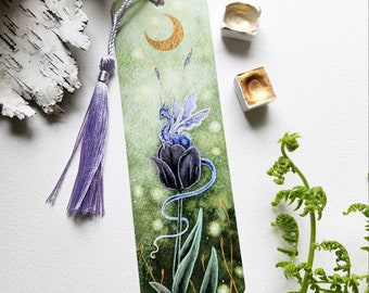 Dragon Bookmark - fantasy art. flower art. watercolor art.
