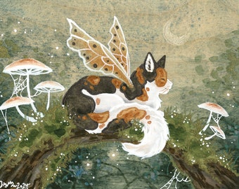 Cat Art Print - Fairy Kitty's Perch - fantasy art. whimsical art. calico cat art.