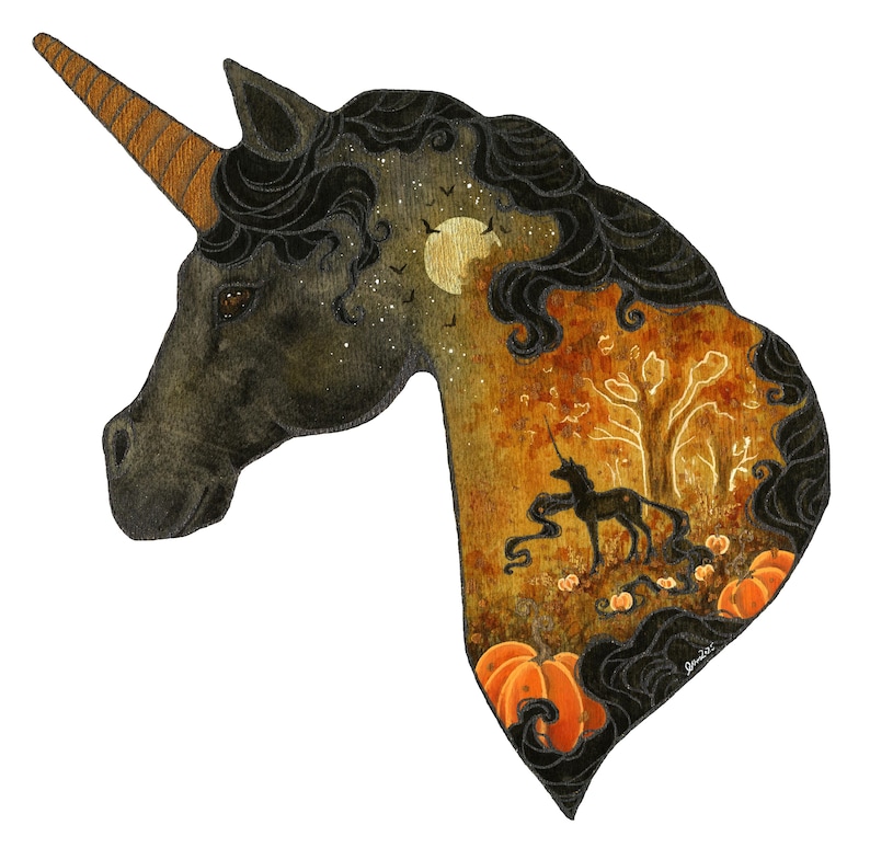 May include: A watercolor painting of a unicorn head with a detailed interior scene. The unicorn has a dark gray coat, a golden horn, and black flowing mane. The interior scene features a night sky, a full moon, a tree, and pumpkins.