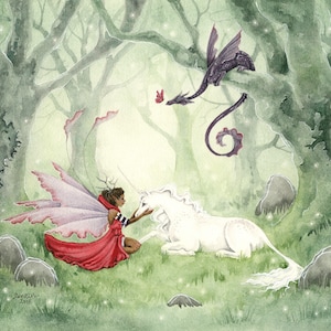 Fairy Art Print - The Enchanted Glade - fantasy art. unicorn. dragon. watercolor. magic. whimsical. forest. trees. fantastical.