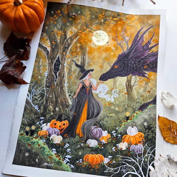 Witch Art Watercolor Painting - Hello Witch - fantasy art. whimsical art. dragon art.