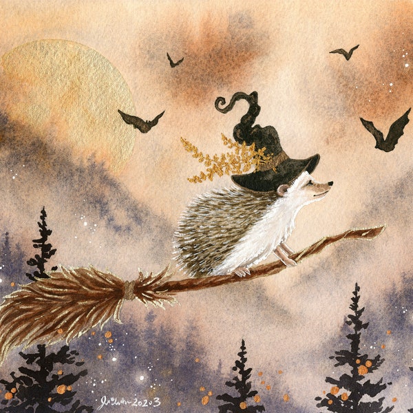 Hedgehog Art Watercolor Print - The Little Hedgewitch - fantasy art. whimsical art. magical art.