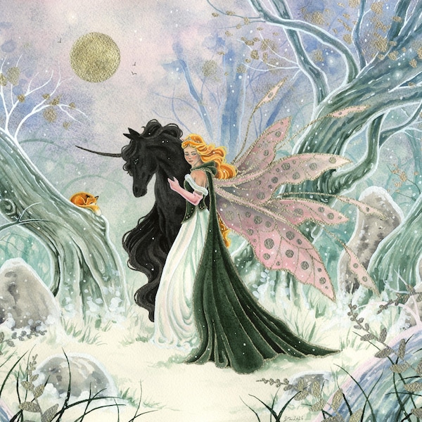 Unicorn and Fairy Print - Whimsical Watercolor Illustration, Fantasy Art