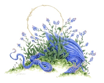 Dragon Art Watercolor Print - Forget-Me-Not Dragon - fantasy art. whimsical. flower art. illustration.