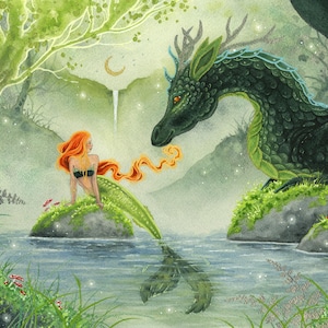 May include: A watercolor illustration depicting a mermaid with long orange hair sitting on a mossy rock in a stream, facing a large dark green dragon with antlers. The scene includes a crescent moon, a waterfall, and red mushrooms in the forest.