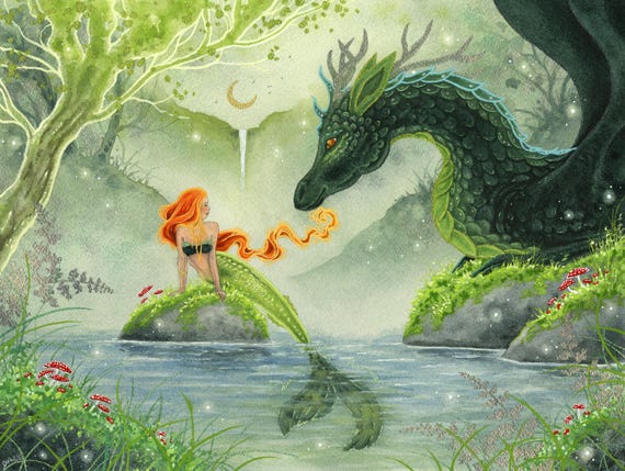 Mermaid and Dragon Art Print - Hello Mermaid ll – Whimsical Watercolor Print