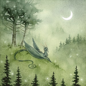 Fantasy Art Watercolor Print - Forest Peaceful - dragon. wild. fantastical. nature. mythological. trees. moon.