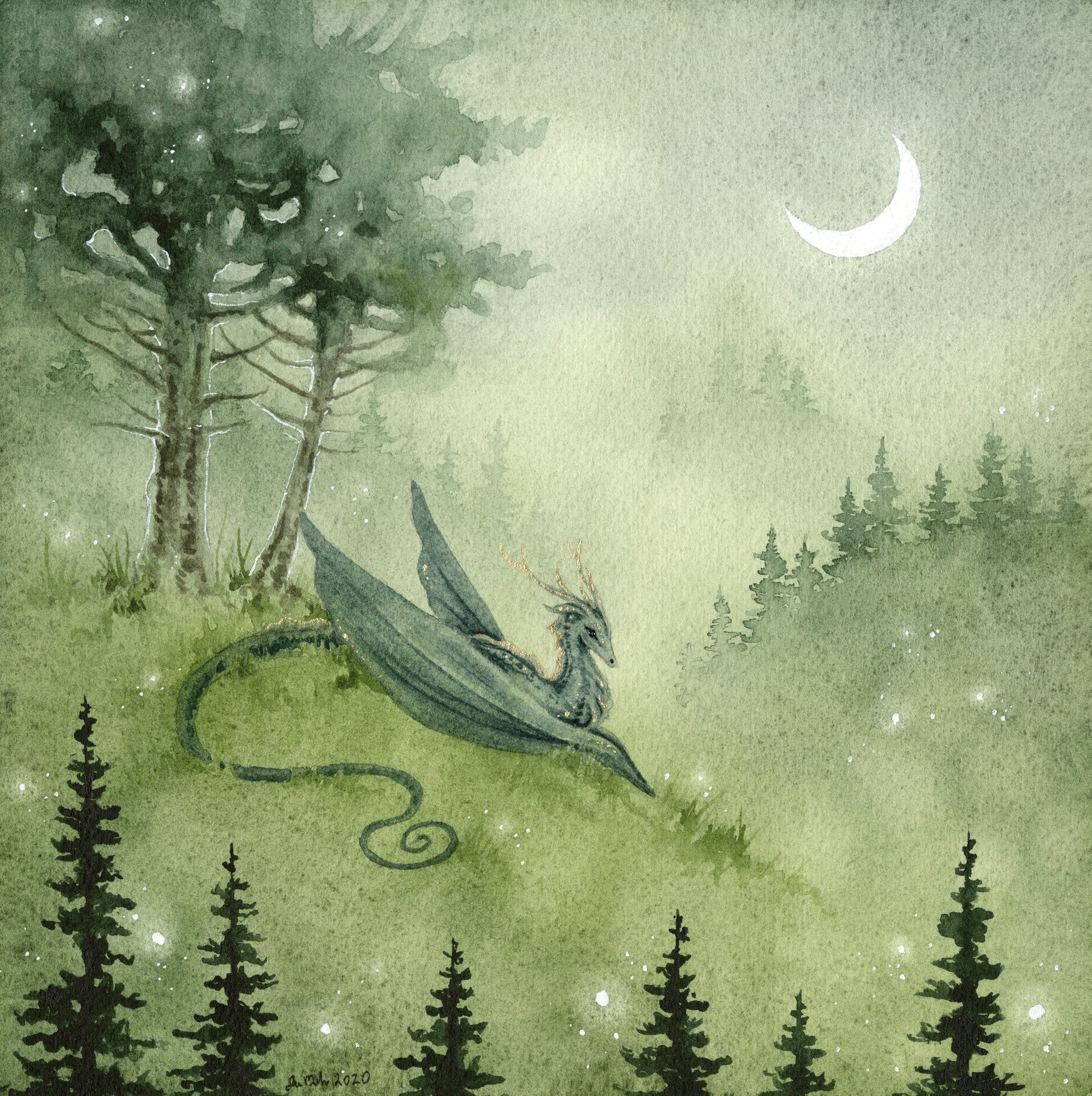 Fantasy Art Watercolor Print Forest Peaceful Dragon. Wild. Etsy