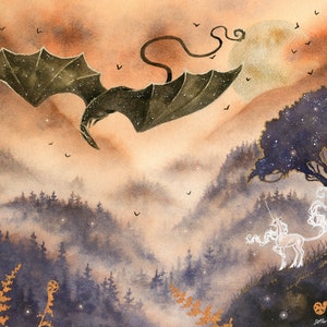 Fantasy Art Watercolor Print - Autumn's Legend - dragon art. unicorn art. magical art.