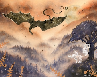 Fantasy Art Watercolor Print - Autumn's Legend - dragon art. unicorn art. magical art.