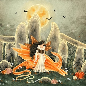 Fairy Art Print - Harvest Moon Rising - fantasy art. dragon art. watercolor art.