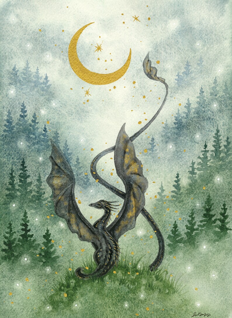 Dragon Art Watercolor Print Mountain's Morning Fantasy | Etsy
