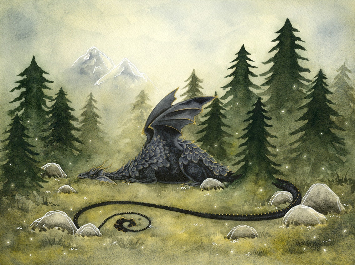ignorancia Evolucionar grandioso Dragon Art Watercolor Print Among the Pines Fantasy Art. - Etsy