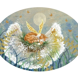 Cat Art Print - Kitty Dreaming - fantasy art. whimsical art.