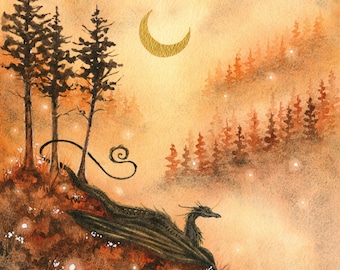 Fantasy Art Watercolor Print - Autumn Peaceful - dragon art. forest. wild. mythological. illustration.