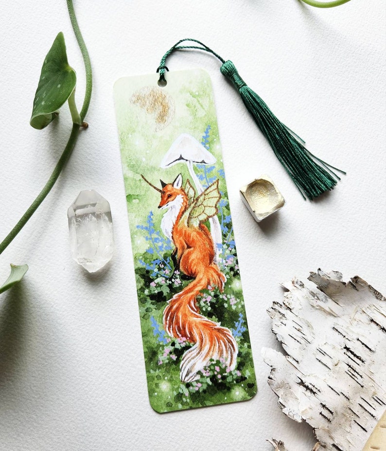 Fox Bookmark fantasy art. fairy fox. mushroom art. woodland art. image 1