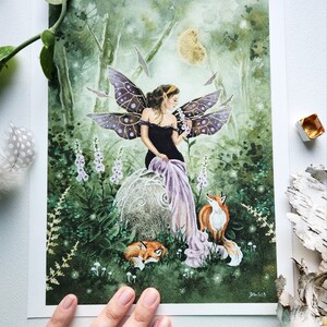 Fairy Art Watercolor Print A Fairy's Foxglove fantasy art. fox art. whimsical art. image 3