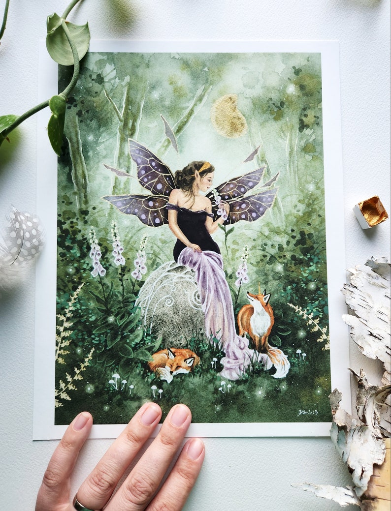 Fairy Art Watercolor Print A Fairy's Foxglove fantasy art. fox art. whimsical art. image 3