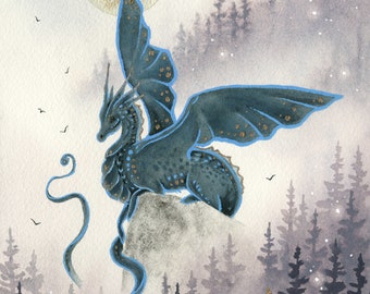 Dragon Art Print - Purple Dawn - fantasy art. watercolor art. whimsical art. illustration.