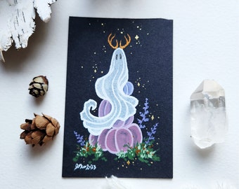 Ghost Art Original Watercolor Painting - Purple Pumpkin Ghost - fantasy art. whimsical art.