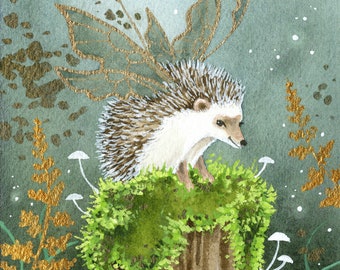 Hedgehog Art Print - Moonlit Hedgie - fantasy art. whimsical art.