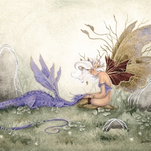 Fairy Art Print - A Sweet Moment - fantasy art. dragon. whimsical. fantastical. painting. watercolor. illustration.