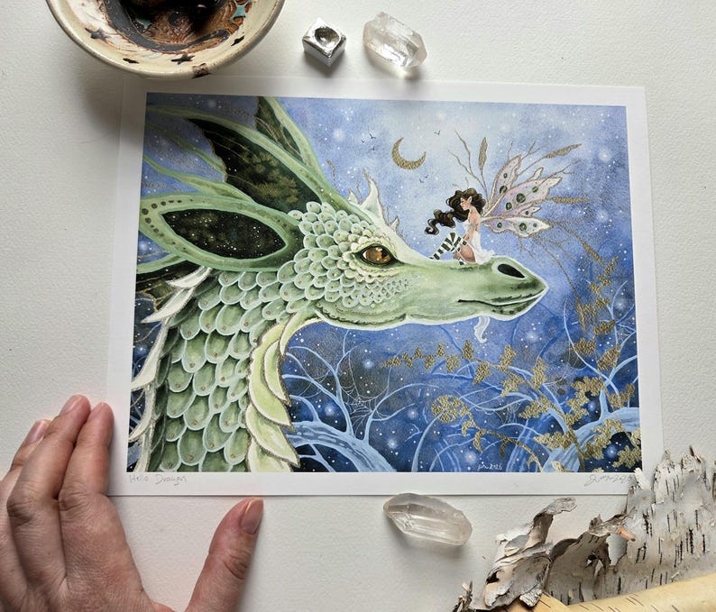 Dragon and Fairy Art Print - Whimsical Watercolor Illustration, Fantasy ...