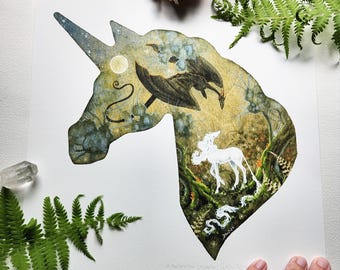 Unicorn Art Watercolor Print - A Fantastical Encounter - fantasy art. whimsical art. dragon art.