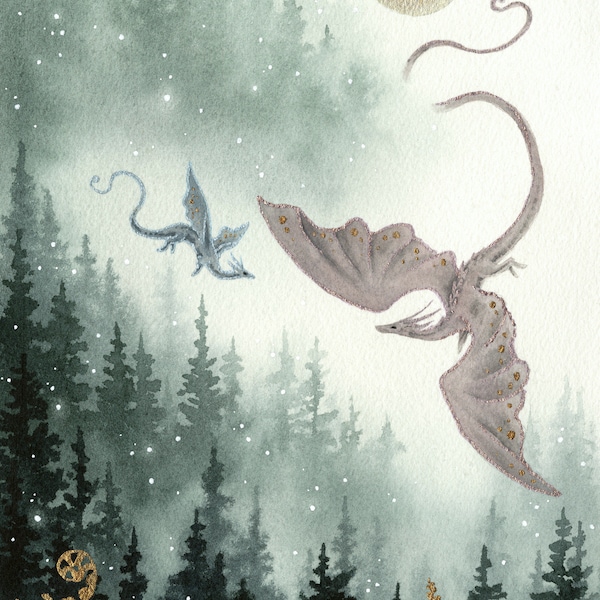 Dragon Art Print - Blue Pine Dance - fantasy art. watercolor art. whimsical art. illustration.