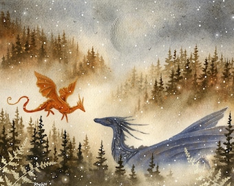 Dragon Art Print - November's Myth - fantasy art. watercolor art. whimsical art. illustration.