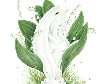 Dragon Art Print - Lily-of-the-Valley Dragon - fantasy art. whimsical. flower art. illustration.