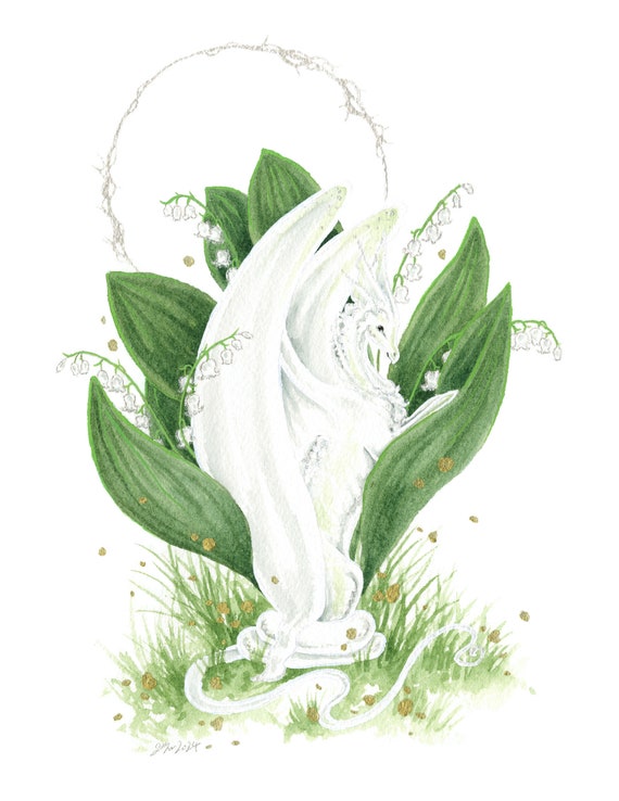 Dragon Art Print - Lily-of-the-Valley Dragon - fantasy art. whimsical. flower art. illustration.