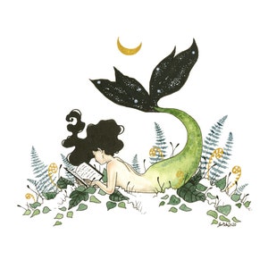 Mermaid Art Print - Mermaid Reading - fantasy art. watercolor. whimsical.