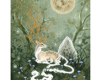 Deer Art Print - Full Moon Prince - fantasy art. whimsical art.