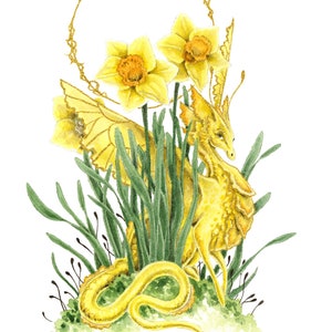 Dragon Art Watercolor Print - Daffodil Dragon - fantasy art. whimsical. flower art. illustration.