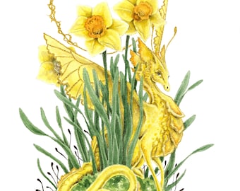 Dragon Art Watercolor Print - Daffodil Dragon - fantasy art. whimsical. flower art. illustration.