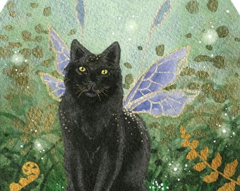Cat Art Print - Kitty Magic - fantasy art. whimsical art. black cat art.