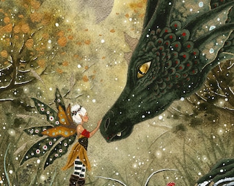 Stampa ad acquerello Fairy Art - Hello Fairy - fantasy. drago. stravagante. illustrazione.