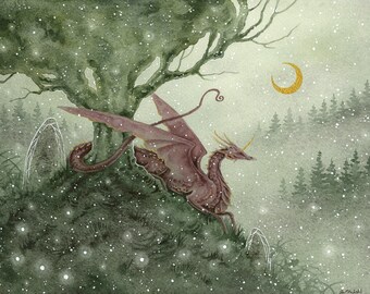 Dragon Art Print - Snow's Myth - fantasy art. watercolor. mythological. forest. whimsical.