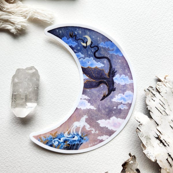Fantasy Art Sticker - dragon art. unicorn art. whimsical art. watercolor art.