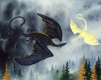 Lámina artística del dragón Bailarines de la Tormenta: Ilustración caprichosa en acuarela