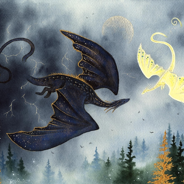 Storm Dancers Dragon Art Print – Whimsical Watercolor Illustration